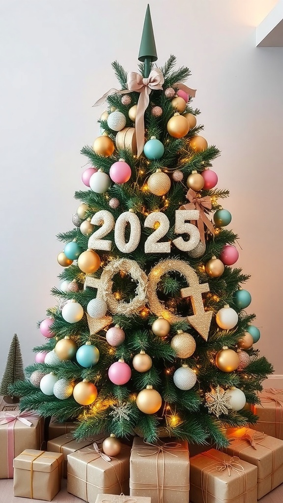 A stylish Christmas tree decorated with pastel and metallic ornaments, illuminated with LED lights.